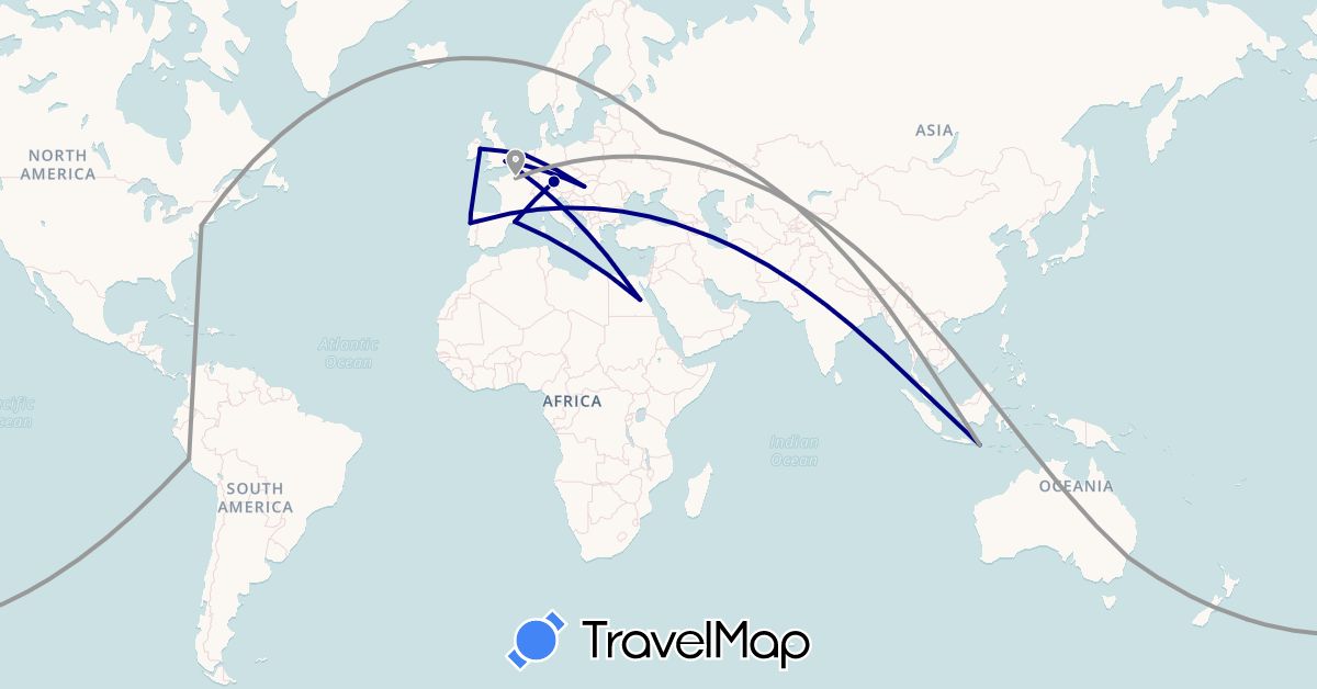 TravelMap itinerary: driving, plane in Australia, Germany, Egypt, Spain, France, United Kingdom, Hungary, Indonesia, Ireland, Netherlands, Peru, Portugal, Russia, United States (Africa, Asia, Europe, North America, Oceania, South America)